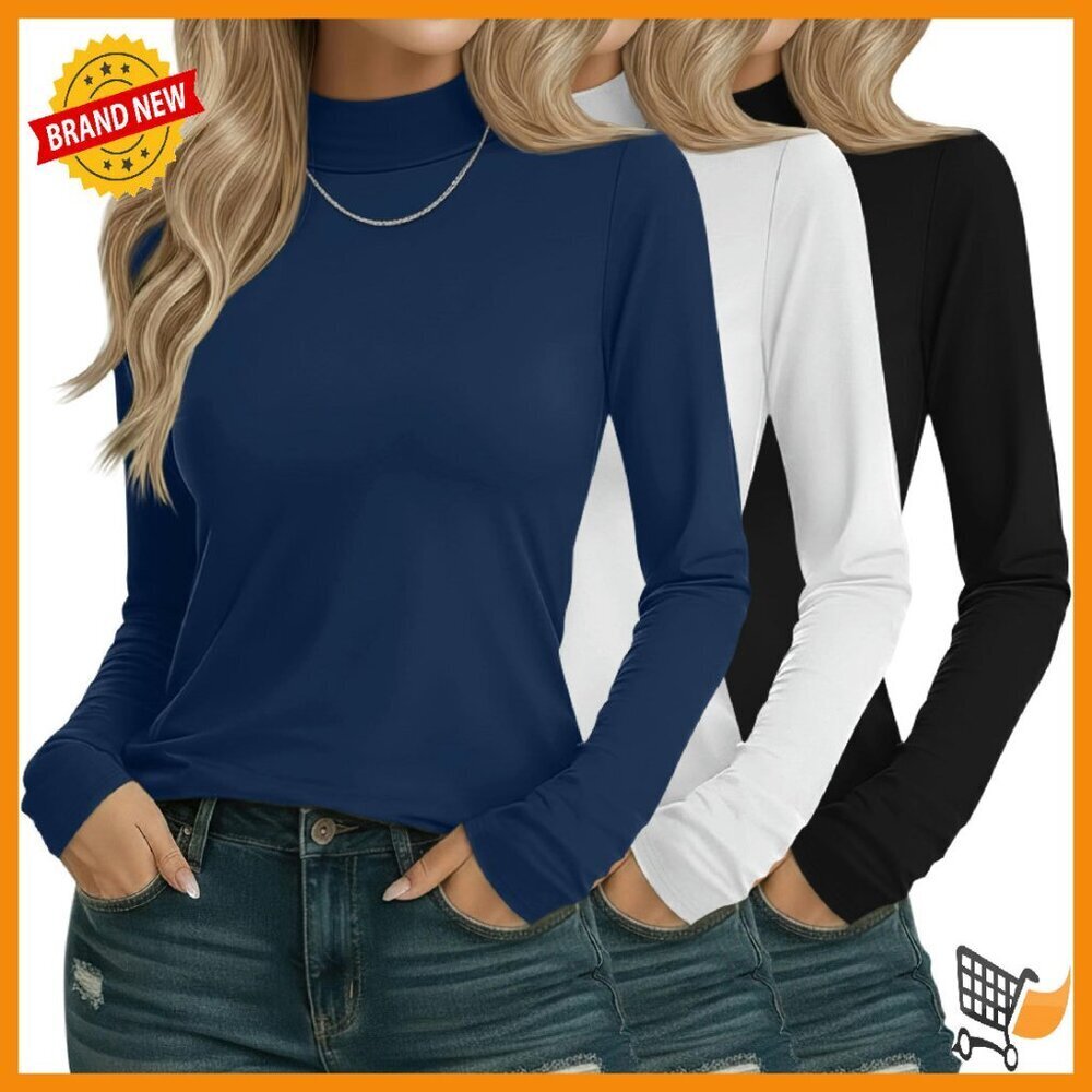 3 Pack Women's Cotton Mock Turtleneck Long Sleeve Tops Basic Tees